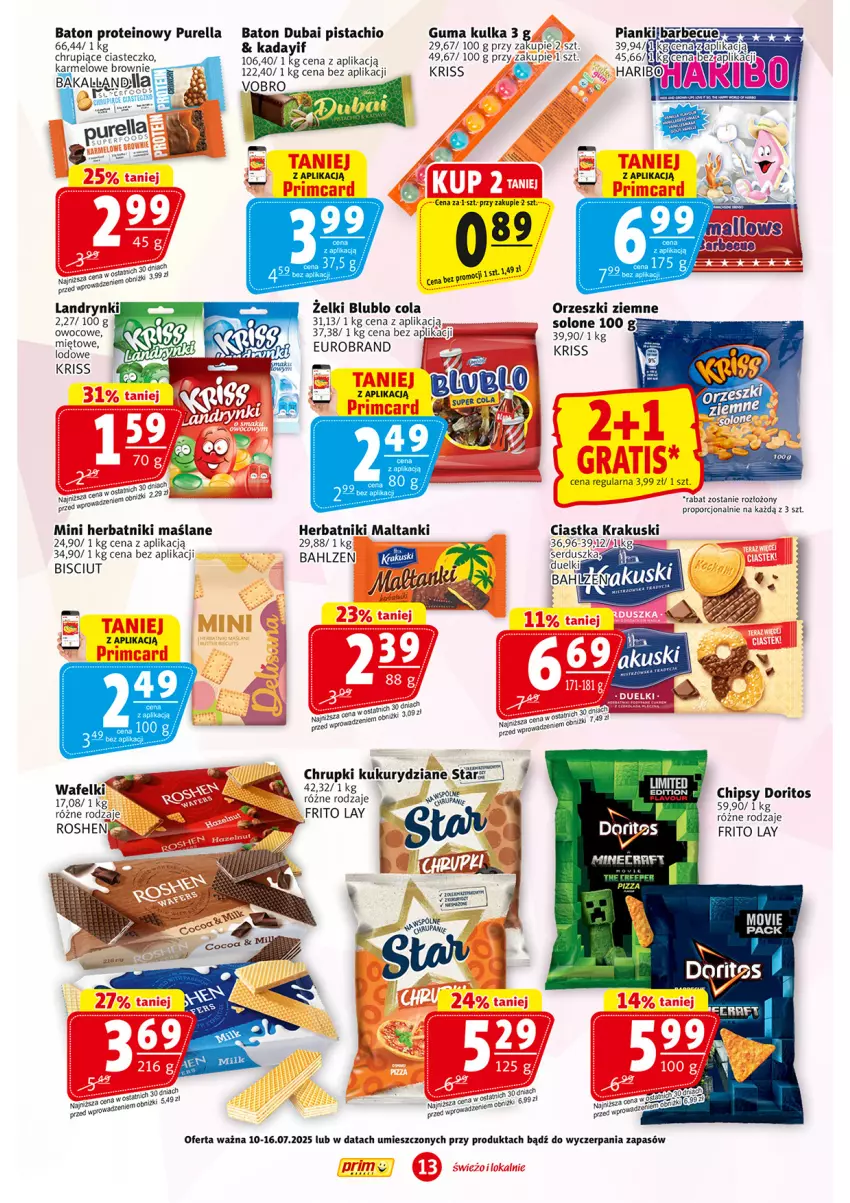 Gazetka promocyjna Prim Market - ważna 10.07 do 16.07.2025 - strona 13 - produkty: Baton, BIC, Brownie, Chrupki, Ciastka, Herbatniki, Krakus, Krakuski, Orzeszki, Orzeszki ziemne, Por, Pur