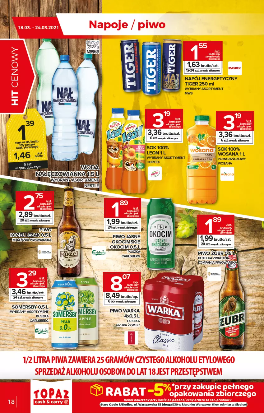 Gazetka promocyjna Topaz - Gazetka - ważna 18.03 do 24.03.2021 - strona 18 - produkty: Carlsberg, Hortex, Koc, Leon, Napój, Napój energetyczny, Okocim, Piwo, Piwo jasne, Sok, Somersby, Tiger, Warka, Wosana