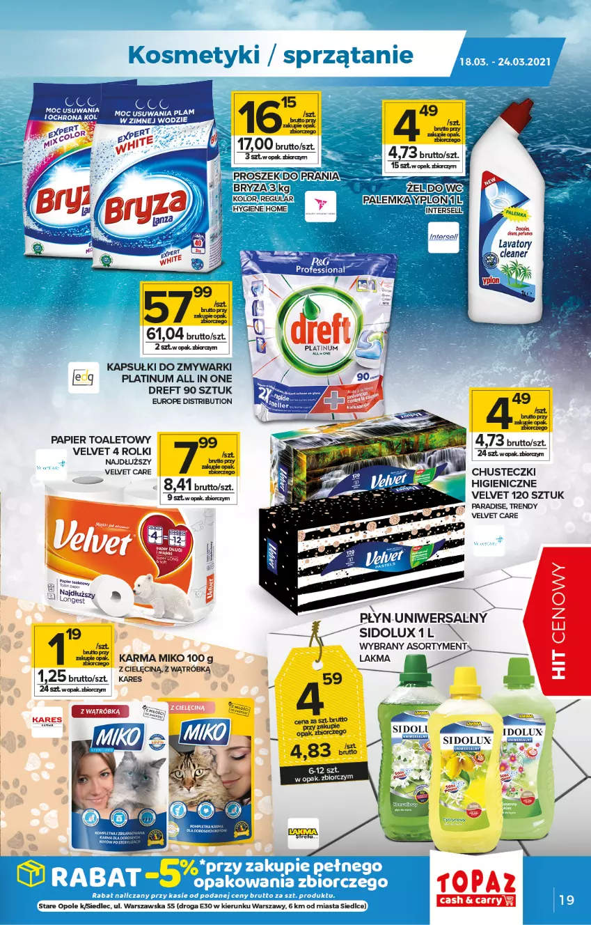 Gazetka promocyjna Topaz - Gazetka - ważna 18.03 do 24.03.2021 - strona 19 - produkty: Bryza, Chusteczki, Melon, Papier, Papier toaletowy, Rolki, Ser, Sidolux, Top, Velvet, Zmywarki