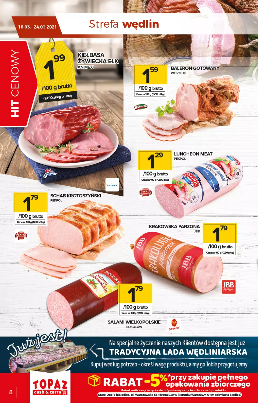 Gazetka promocyjna Topaz - Gazetka - ważna 18.03 do 24.03.2021 - strona 8 - produkty: Kiełbasa, Pekpol, Salami, Schab krotoszyński, Sok, Sokołów