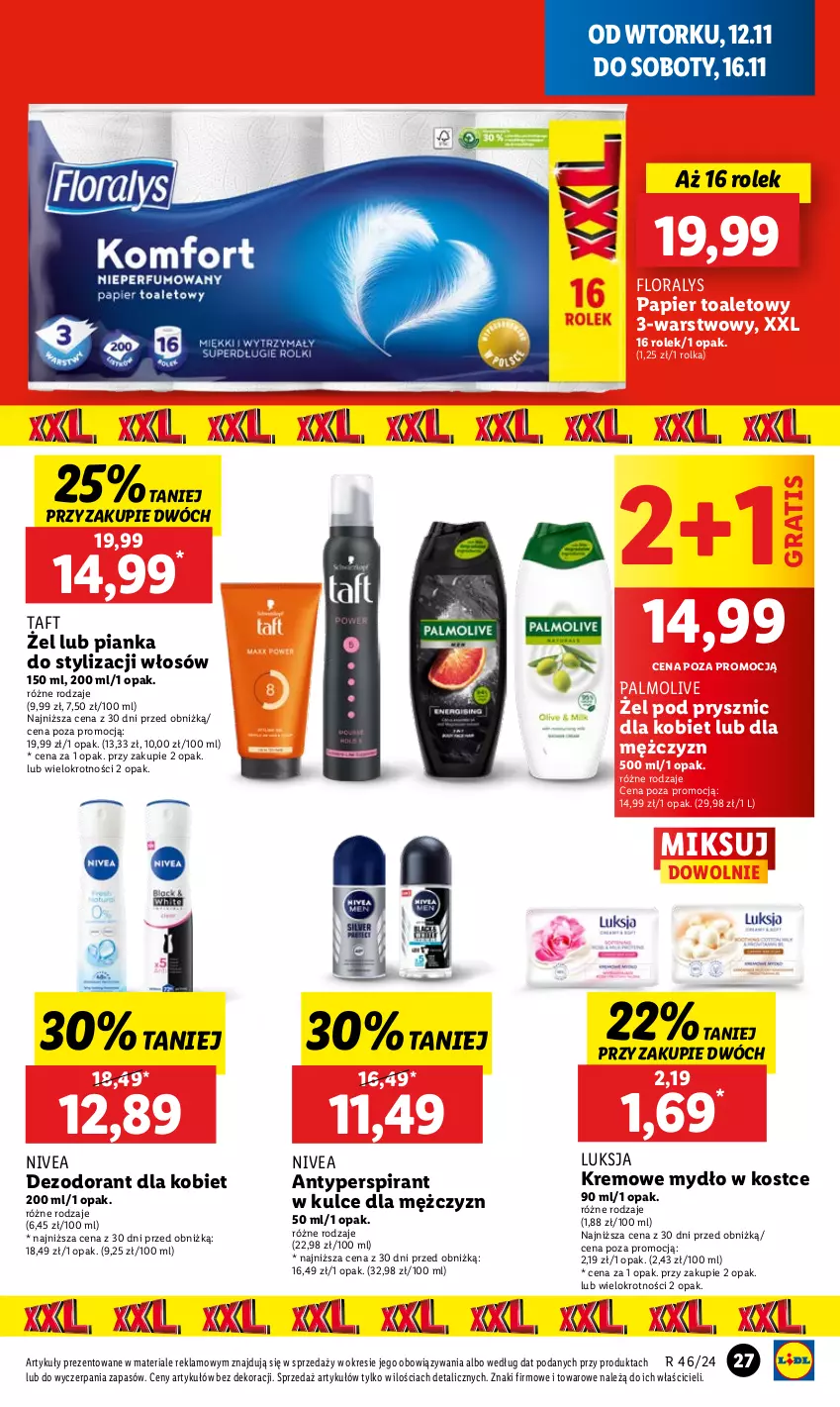 Gazetka promocyjna Lidl - GAZETKA - ważna 12.11 do 13.11.2024 - strona 29 - produkty: Antyperspirant, Dezodorant, Flora, Gra, Luksja, Mydło, Nivea, Palmolive, Papier, Papier toaletowy, Taft