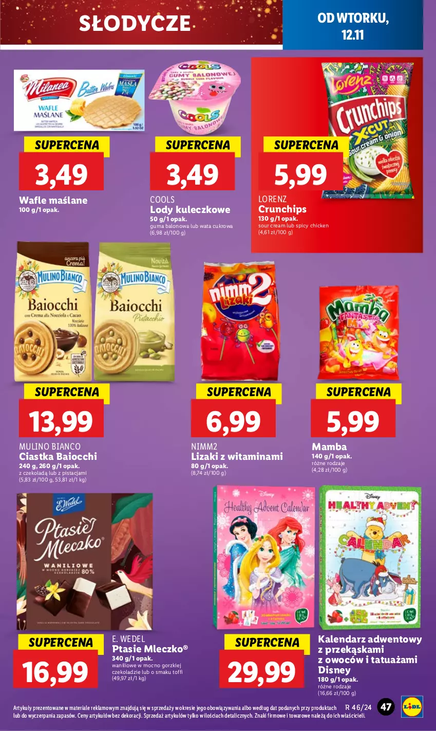 Gazetka promocyjna Lidl - GAZETKA - ważna 12.11 do 13.11.2024 - strona 51 - produkty: Ciastka, Crunchips, Disney, E. Wedel, Kalendarz, Kalendarz adwentowy, Lizaki, Lody, Lorenz, Mamba, Mleczko, Nimm2, Ptasie mleczko, Wafle, Wata cukrowa