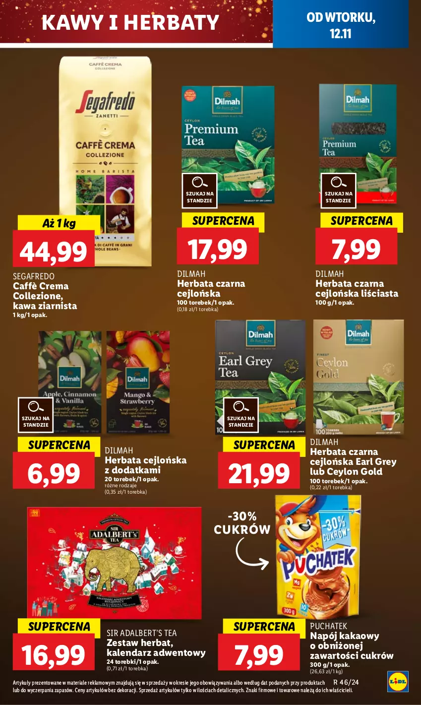 Gazetka promocyjna Lidl - GAZETKA - ważna 12.11 do 13.11.2024 - strona 55 - produkty: Dilmah, Earl Grey, Herbata, Herbata czarna, Kakao, Kalendarz, Kalendarz adwentowy, Kawa, Kawa ziarnista, Napój, Segafredo, Torebka