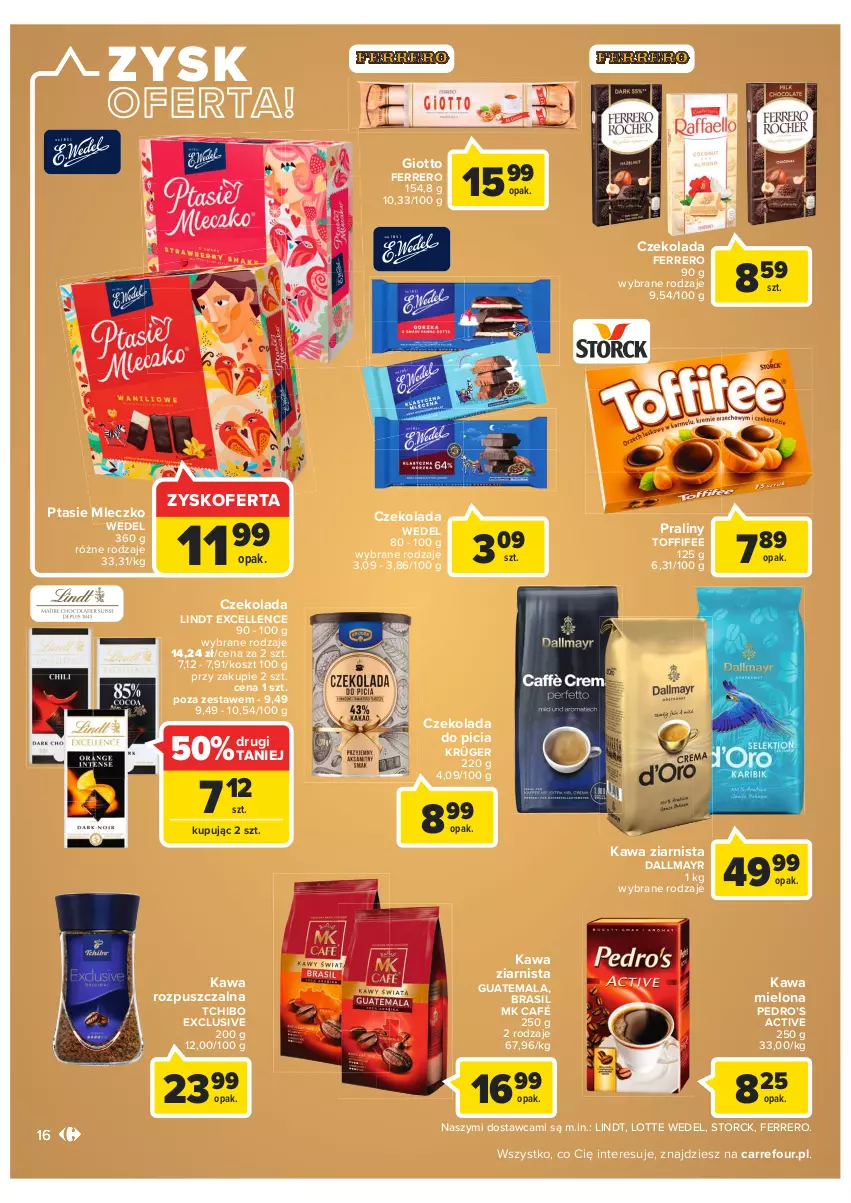 Gazetka promocyjna Carrefour - Gazetka Carrefour - ważna 11.01 do 23.01.2022 - strona 16 - produkty: Czekolada, Dallmayr, Ferrero, Kawa, Kawa mielona, Kawa rozpuszczalna, Kawa ziarnista, Kosz, Lindt, Mleczko, Praliny, Ptasie mleczko, Tchibo, Toffifee