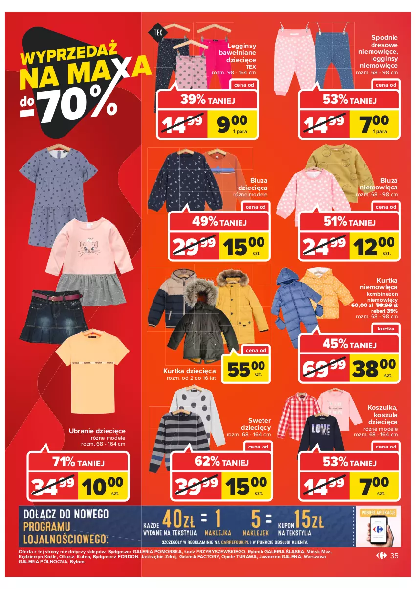 Gazetka promocyjna Carrefour - Gazetka Carrefour - ważna 11.01 do 23.01.2022 - strona 35 - produkty: Bluza, Dres, Dzieci, Fa, Gin, Kombinezon, Kosz, Koszula, Koszulka, Kurtka, Kurtka dziecięca, Legginsy, Spodnie, Spodnie dresowe, Sweter