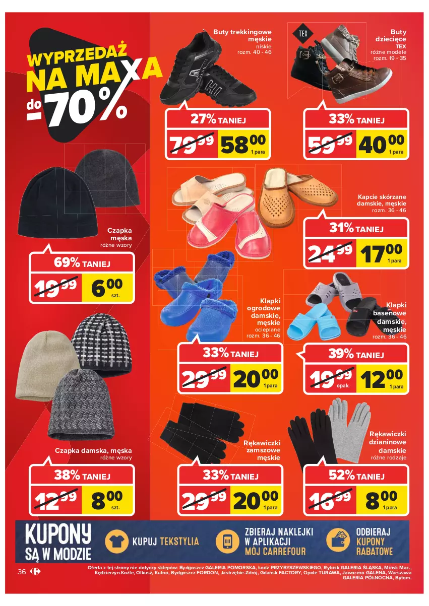 Gazetka promocyjna Carrefour - Gazetka Carrefour - ważna 11.01 do 23.01.2022 - strona 36 - produkty: Buty, Czapka, Dzieci, Fa, Kapcie, Klapki