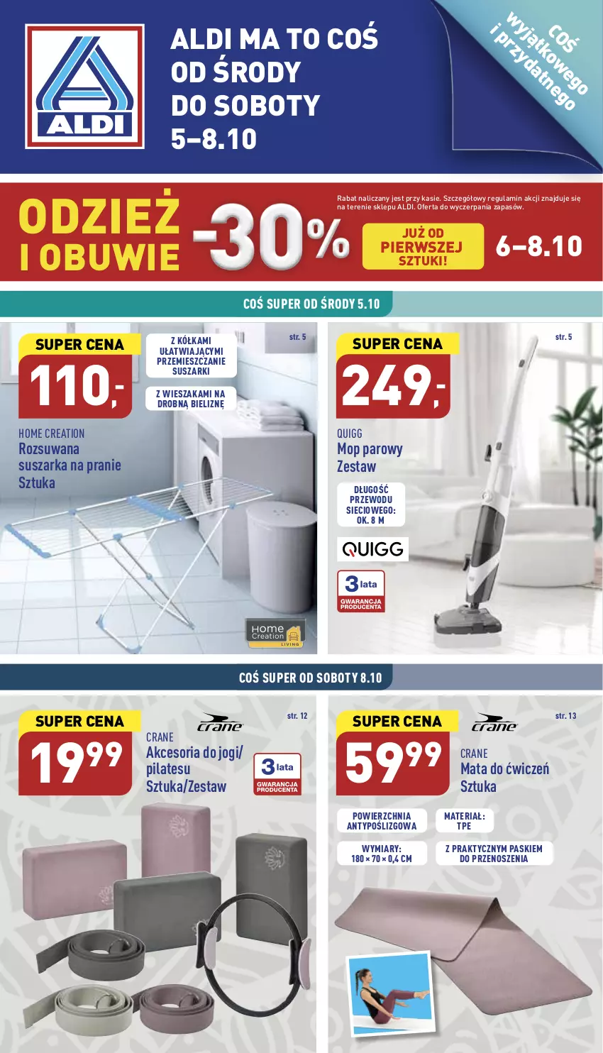 Gazetka promocyjna Aldi - Zaplanuj zakupy wcześniej - ważna 05.10 do 08.10.2022 - strona 1 - produkty: Buty, Dzieci, Klapki, Kurtki i płaszcze, Mop, Mop parowy, Obuwie, Płaszcz, Por, Sandał, Spodnie, Sport, Suszarka, Suszarka na pranie, Suszarki, T-shirt, Ubrania, Wieszak