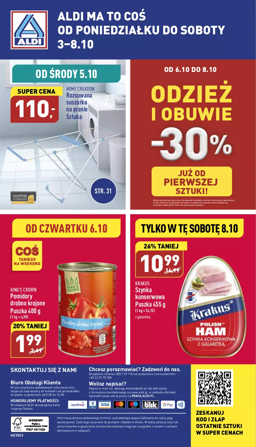 Gazetka promocyjna Aldi - Zaplanuj zakupy wcześniej - ważna 05.10 do 08.10.2022 - strona 14 - produkty: Biuro, Gala, Gra, Krakus, O nas, Obuwie, Pomidory, Por, Ser, Suszarka, Suszarka na pranie, Szynka, Szynka konserwowa