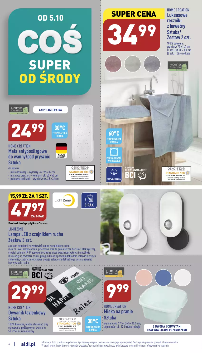 Gazetka promocyjna Aldi - Zaplanuj zakupy wcześniej - ważna 05.10 do 08.10.2022 - strona 4 - produkty: Bateria, Dywan, Dywanik, Dywanik łazienkowy, Lampa, Lampa LED, LANA, Miska, Poduszka, Poduszka pod kark, Ręcznik, Silan, Top, Wełna