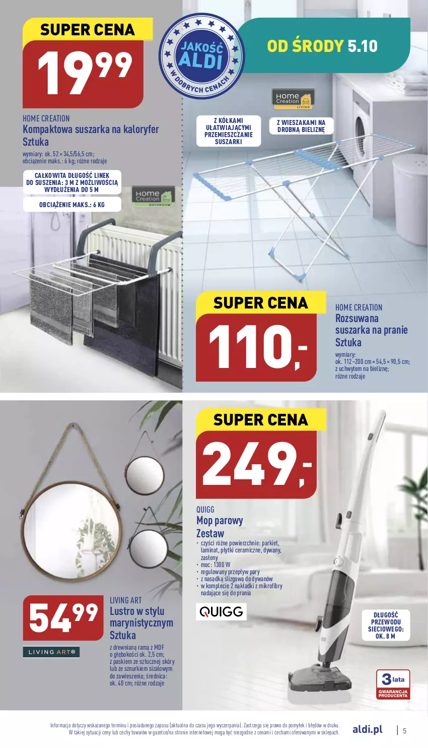 Gazetka promocyjna Aldi - Zaplanuj zakupy wcześniej - ważna 05.10 do 08.10.2022 - strona 5 - produkty: Dywan, Lustro, Mop, Mop parowy, Suszarka, Suszarka na pranie, Suszarki, Wieszak