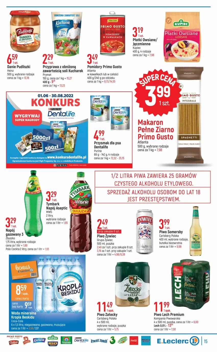 Gazetka promocyjna E Leclerc - ważna 19.07 do 30.07.2022 - strona 15 - produkty: Carlsberg, Gra, Gry, Heinz, Kawa, Kucharek, Kupiec, Lech Premium, Makaron, Mus, Napój, Napój gazowany, Piec, Piwa, Piwo, Płatki owsiane, Pomidory, Prymat, Przysmak dla psa, Pudliszki, Pur, Purina, Somersby, Tymbark, Woda, Woda mineralna