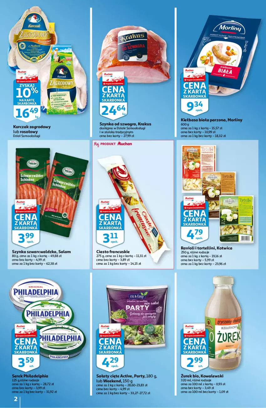 Gazetka promocyjna Auchan - Skarbonka #14 - ważna 07.04 do 16.04.2022 - strona 2 - produkty: Ciasto francuskie, Gra, Kiełbasa, Kiełbasa biała, Krakus, Kurczak, Morliny, Philadelphia, Sałat, Ser, Serek, Szynka