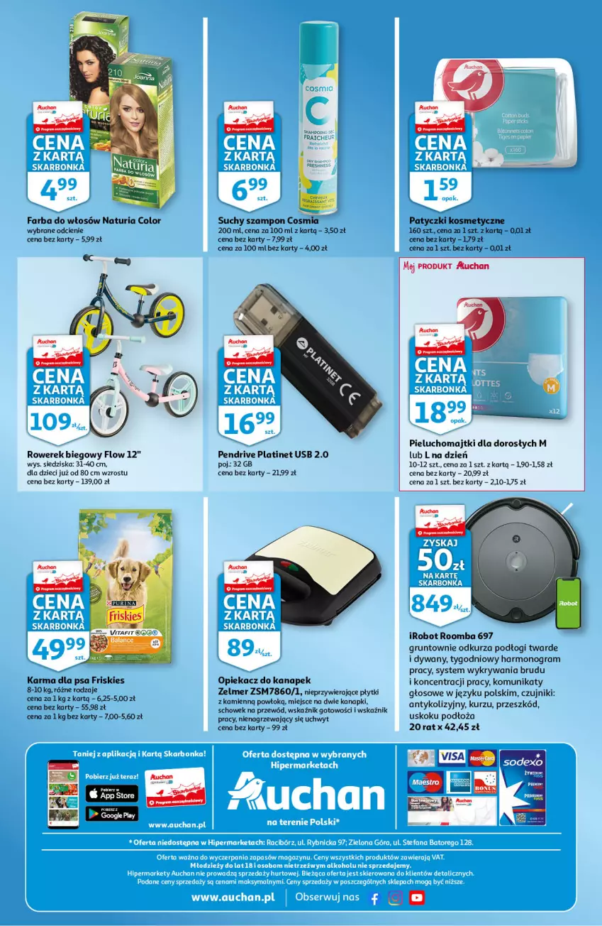 Gazetka promocyjna Auchan - Skarbonka #14 - ważna 07.04 do 16.04.2022 - strona 4 - produkty: Dywan, Dzieci, Fa, Farba do włosów, Friskies, Gra, Grunt, IRobot, Majtki, Opiekacz do kanapek, Patyczki kosmetyczne, Pendrive, Pieluchomajtki, PLATINET, Przewód, Robot, Roomba, Rower, Rowerek, Suchy szampon, Szampon, Zelmer