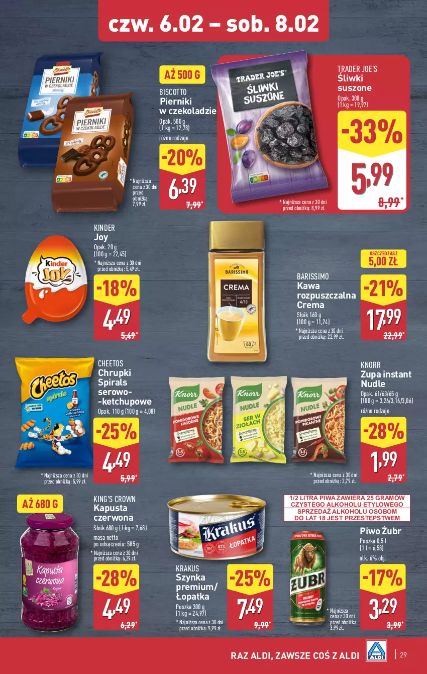 Gazetka promocyjna Aldi - Pełna oferta - ważna 03.02 do 08.02.2025 - strona 29 - produkty: Cheetos, Chrupki, Gra, Kawa, Kawa rozpuszczalna, Ketchup, Kinder, Knorr, Krakus, Piernik, Pierniki w czekoladzie, Piwa, Piwo, Ser, Szynka, Szynka premium, Zupa