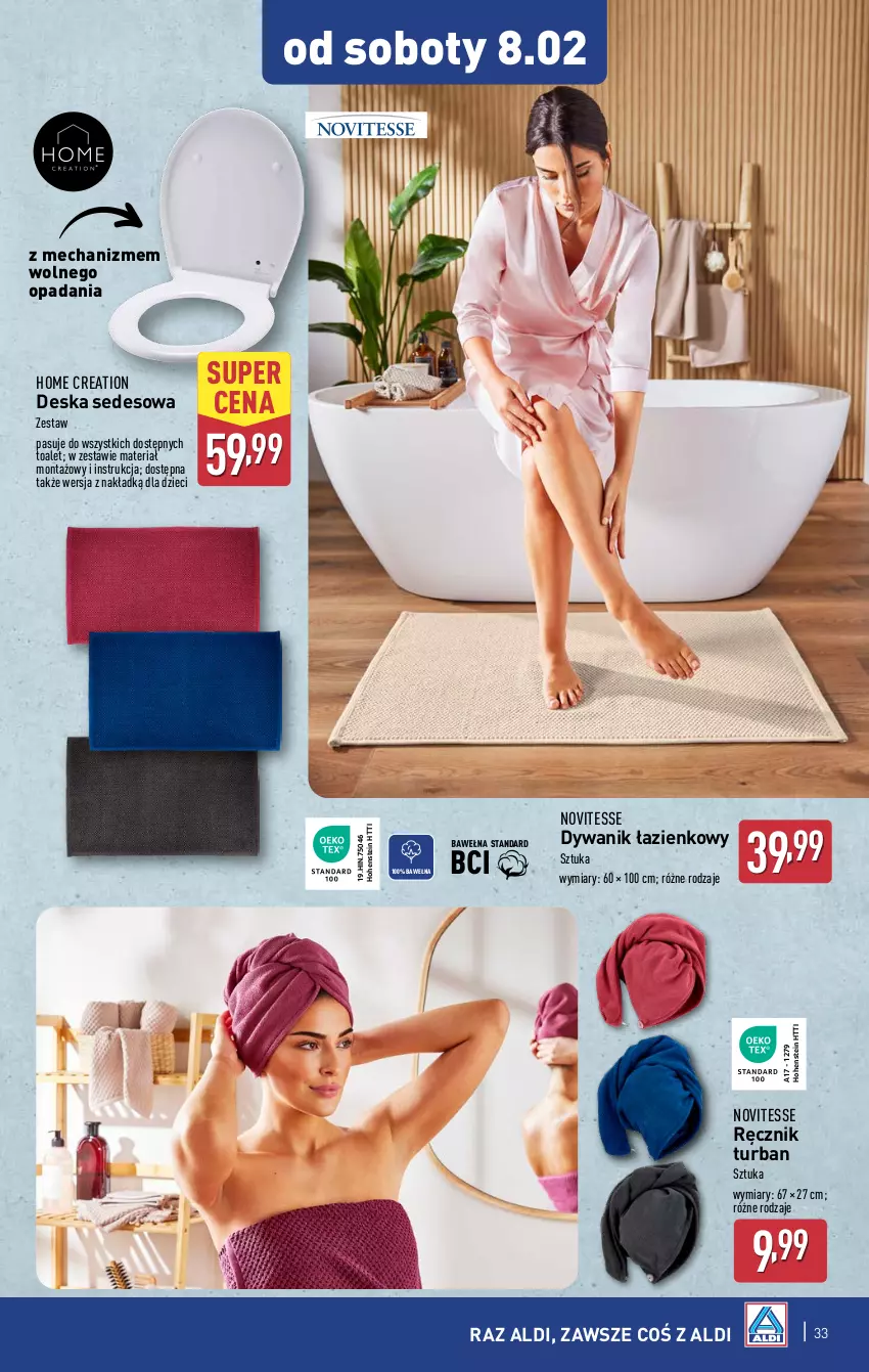 Gazetka promocyjna Aldi - Pełna oferta - ważna 03.02 do 08.02.2025 - strona 33 - produkty: Deska sedesowa, Dywan, Dywanik, Dywanik łazienkowy, Dzieci, Ręcznik, Wełna