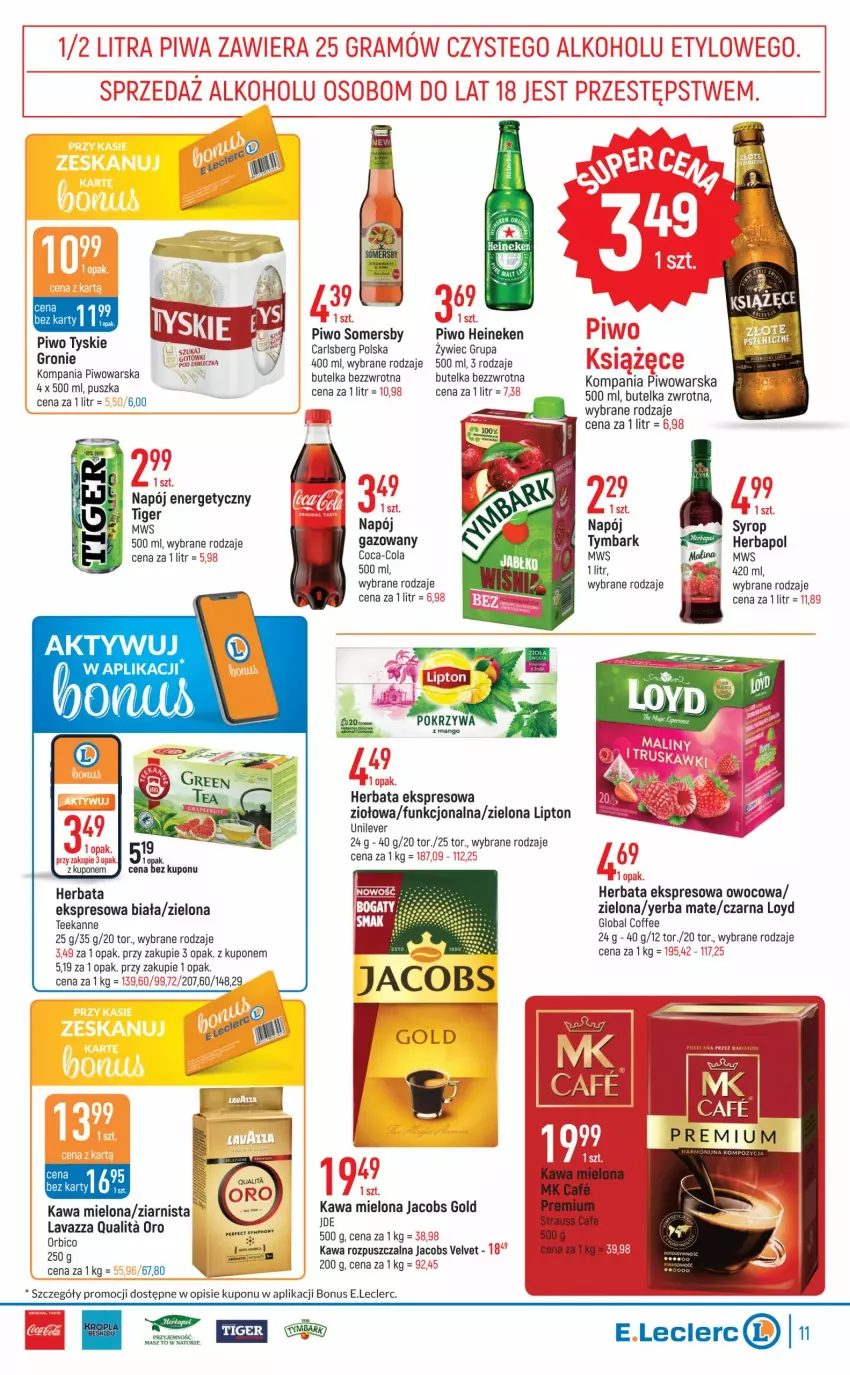 Gazetka promocyjna E Leclerc - ważna 23.08 do 03.09.2022 - strona 11 - produkty: BIC, Carlsberg, Coca-Cola, Heineken, Herbapol, Herbata, Jacobs, Jacobs Velvet, Kawa, Kawa mielona, Kawa rozpuszczalna, Lavazza, Lipton, Loyd, Napój, Napój energetyczny, Piwo, Somersby, Syrop, Teekanne, Tiger, Tymbark, Tyskie, Velvet