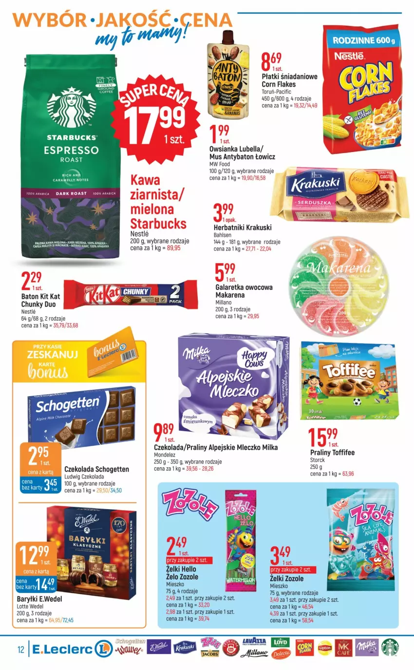 Gazetka promocyjna E Leclerc - ważna 23.08 do 03.09.2022 - strona 12 - produkty: Baryłki, Baton, Bell, Bella, BIC, Cif, Corn flakes, Czekolada, Danio, Fa, Gala, Galaretka, Herbatniki, Kit Kat, Krakus, Krakuski, Lubella, Milka, Mleczko, Mus, Owsianka, Praliny, Schogetten, Toffifee