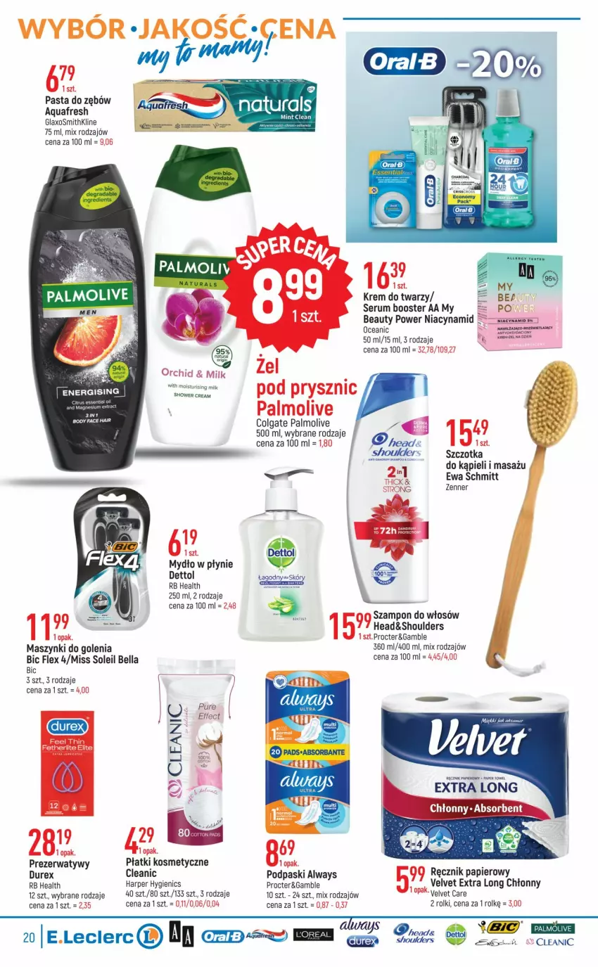 Gazetka promocyjna E Leclerc - ważna 23.08 do 03.09.2022 - strona 20 - produkty: Always, Aquafresh, Bell, Bella, BIC, Booster, Cleanic, Colgate, Dettol, Durex, Ewa Schmitt, Fa, Krem do twarzy, LG, Mydło, Mydło w płynie, Palmolive, Papier, Pasta do zębów, Płatki kosmetyczne, Podpaski, Prezerwatyw, Pur, Ręcznik, Rolki, Rum, Ser, Serum, Szczotka, Velvet