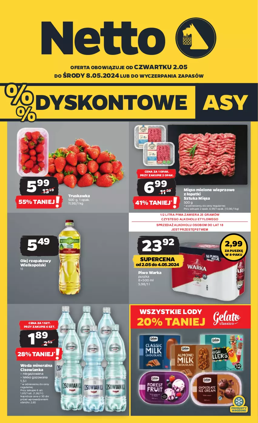 Gazetka promocyjna Netto - Artykuły spożywcze - ważna 02.05 do 08.05.2024 - strona 1 - produkty: Cisowianka, Gra, Lody, Mięso, Mięso mielone, Olej, Olej rzepakowy, Piwa, Piwo, Produkty mrożone, Warka, Woda, Woda mineralna