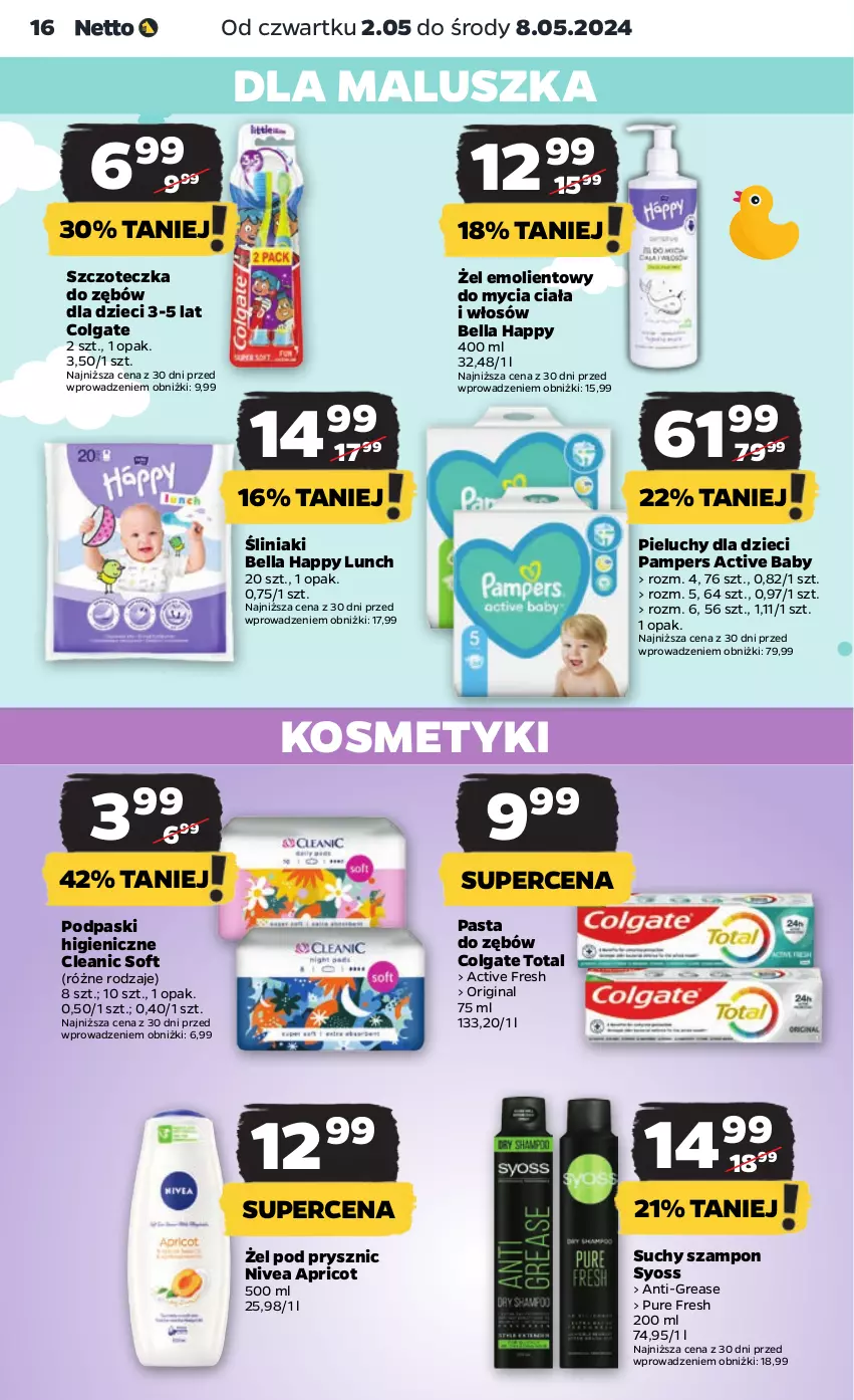 Gazetka promocyjna Netto - Artykuły spożywcze - ważna 02.05 do 08.05.2024 - strona 16 - produkty: Bell, Bella, Cleanic, Colgate, Colgate Total, Dzieci, Gin, LG, Nivea, Pampers, Pasta do zębów, Pieluchy, Podpaski, Pur, Suchy szampon, Syoss, Szampon, Szczoteczka, Szczoteczka do zębów