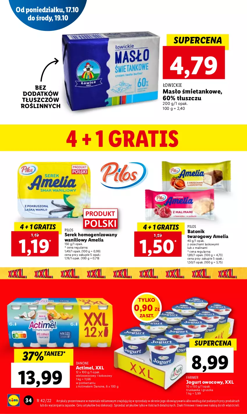 Gazetka promocyjna Lidl - GAZETKA - ważna 17.10 do 19.10.2022 - strona 36 - produkty: Actimel, Baton, Batonik twarogowy, Danone, Fa, Gra, Jogurt, Jogurt owocowy, Kokos, Masło, Pilos, Por, Ser, Serek, Serek homogenizowany, Tonik