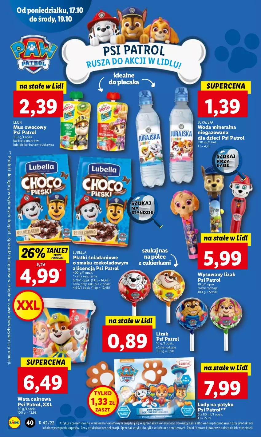 Gazetka promocyjna Lidl - GAZETKA - ważna 17.10 do 19.10.2022 - strona 42 - produkty: Bell, Bella, Cukier, Danio, Dzieci, Kiwi, Leon, Lody, Lubella, Mus, Plecak, Psi Patrol, Wata cukrowa, Woda, Woda mineralna