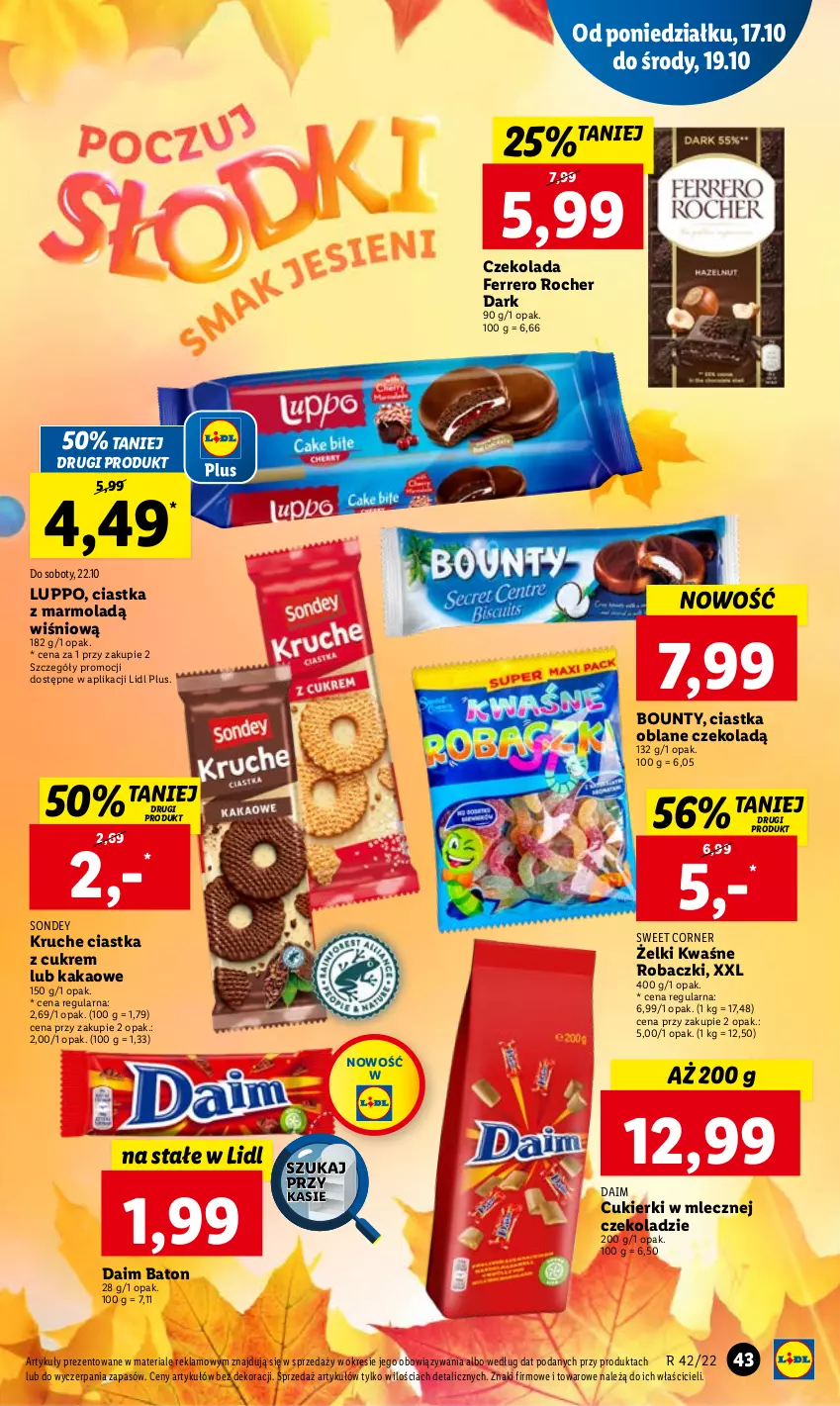 Gazetka promocyjna Lidl - GAZETKA - ważna 17.10 do 19.10.2022 - strona 45 - produkty: Baton, Bounty, Ciastka, Cukier, Cukierki, Czekolada, Ferrero, Ferrero Rocher, Kakao, Mola