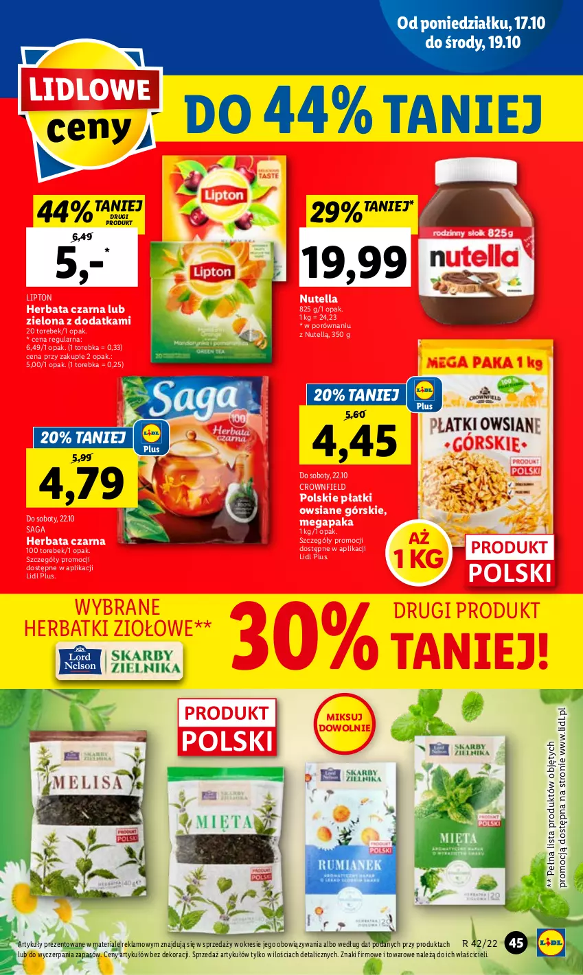 Gazetka promocyjna Lidl - GAZETKA - ważna 17.10 do 19.10.2022 - strona 47 - produkty: Herbata, Herbata czarna, Lipton, Nutella, Płatki owsiane, Por, Saga, Torebka