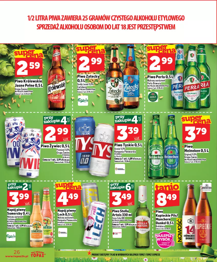 Gazetka promocyjna Topaz - Gazetka - ważna 26.03 do 01.04.2026 - strona 26 - produkty: Carlsberg, Gin, Gra, Królewski, Kupiec, Napój, Perła, Piec, Piwa, Piwo, Top, Tyskie