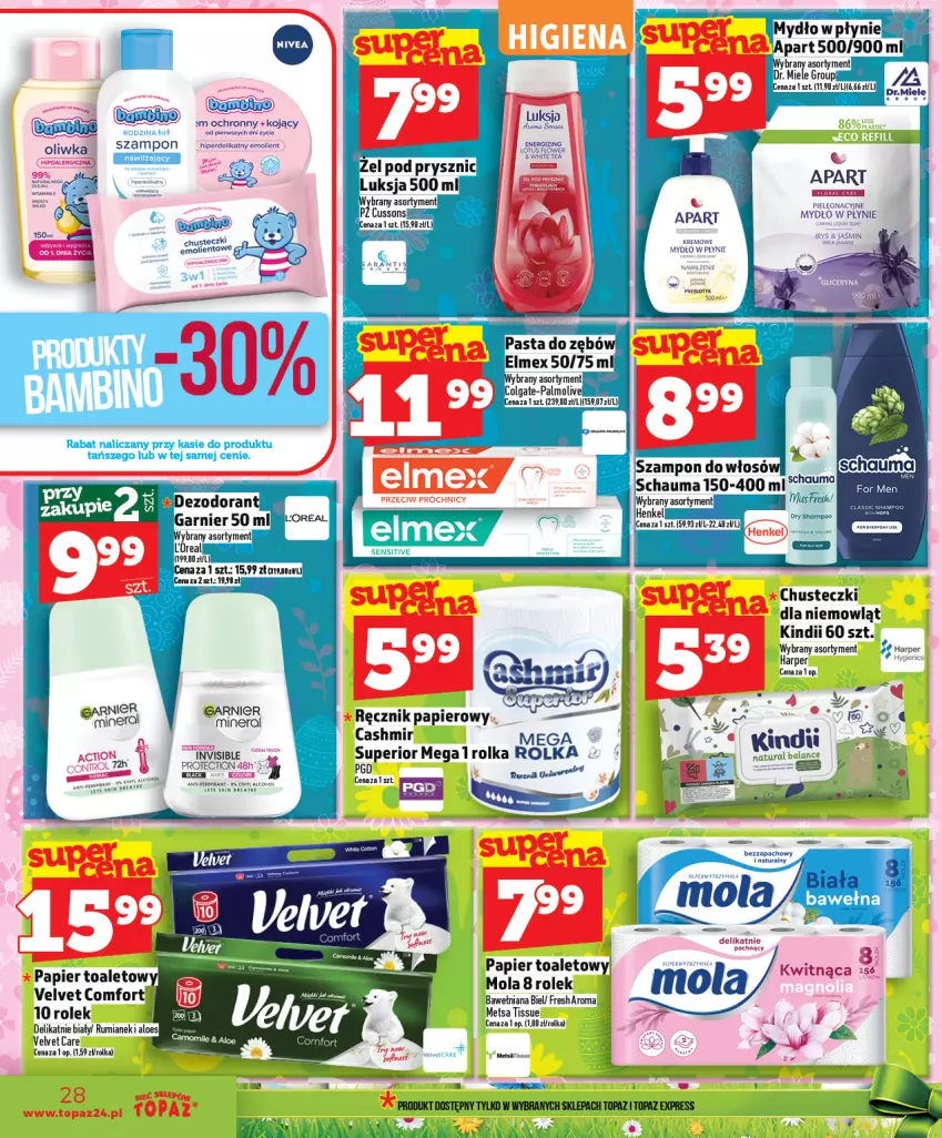 Gazetka promocyjna Topaz - Gazetka - ważna 26.03 do 01.04.2026 - strona 28 - produkty: Chusteczki, Garnier, Kindii, Mola, Mydło, Mydło w płynie, Papier, Ręcznik, Rum, Szampon, Velvet