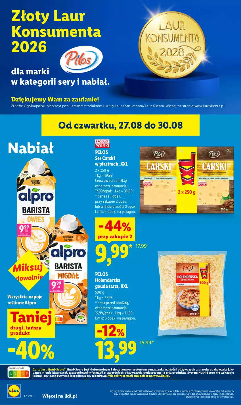 Gazetka promocyjna Lidl - Gazetka ważna od 27.08 do 30.08 - ważna 27.08 do 30.08.2026 - strona 52 - produkty: Alpro, Cars, Fa, Gouda, Laur, Napoje, Pilos, Ser, Tarta