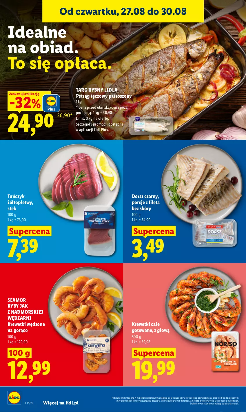 Gazetka promocyjna Lidl - Gazetka ważna od 27.08 do 30.08 - ważna 27.08 do 30.08.2026 - strona 54 - produkty: Dorsz, Krewetki, Por, Pstrąg, Pstrąg tęczowy, Stek, Top, Tuńczyk