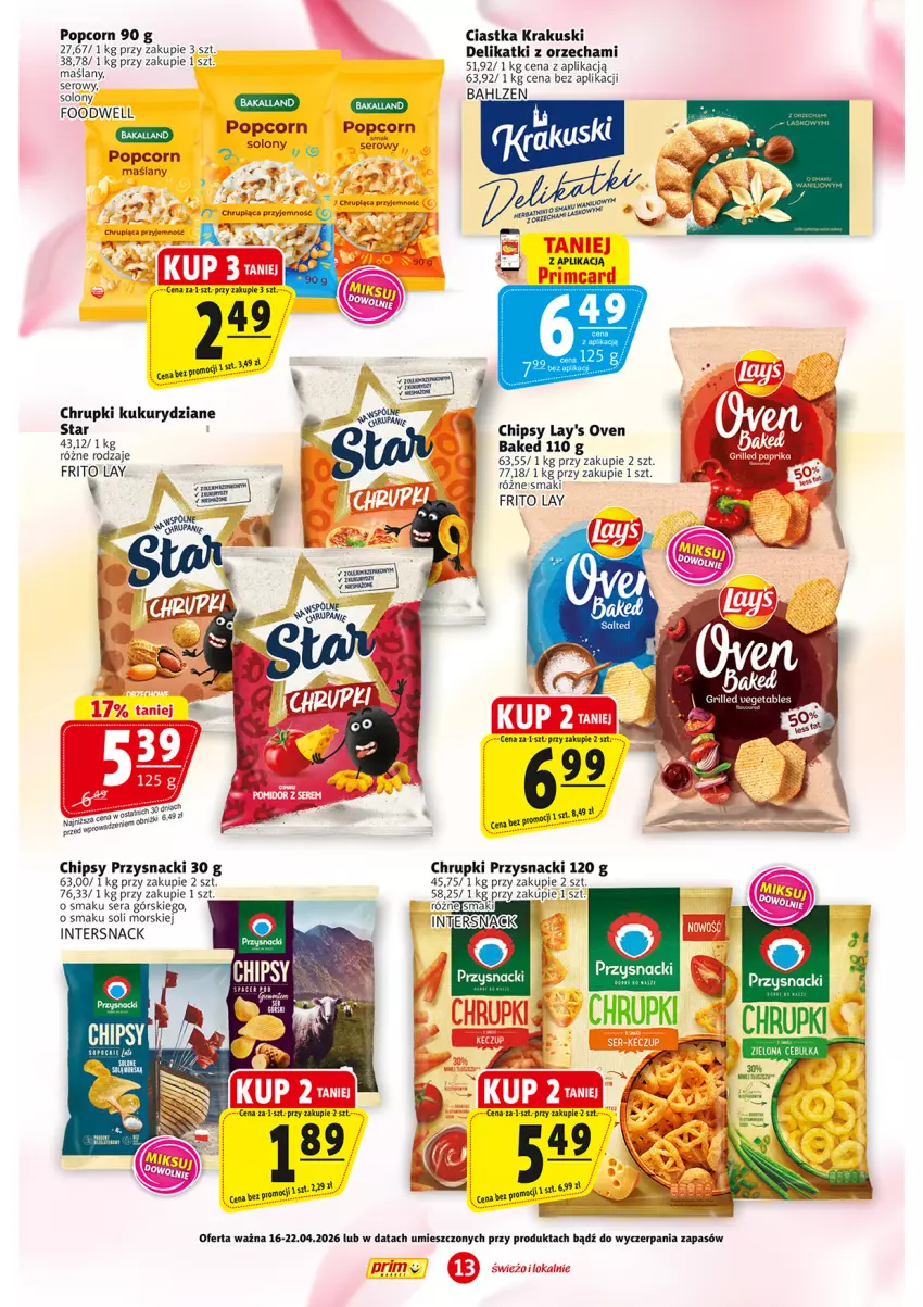 Gazetka promocyjna Prim Market - ważna 16.04 do 22.04.2026 - strona 13 - produkty: Bakalland, Chipsy, Chrupki, Ciastka, Krakus, Krakuski, Popcorn, Przysnacki, Ser