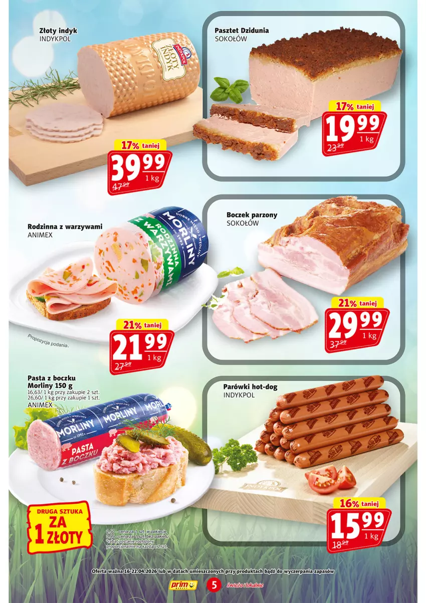 Gazetka promocyjna Prim Market - ważna 16.04 do 22.04.2026 - strona 5 - produkty: Boczek, Morliny, Parówki, Pasztet, Por, Sok, Sokołów, Top, Warzywa