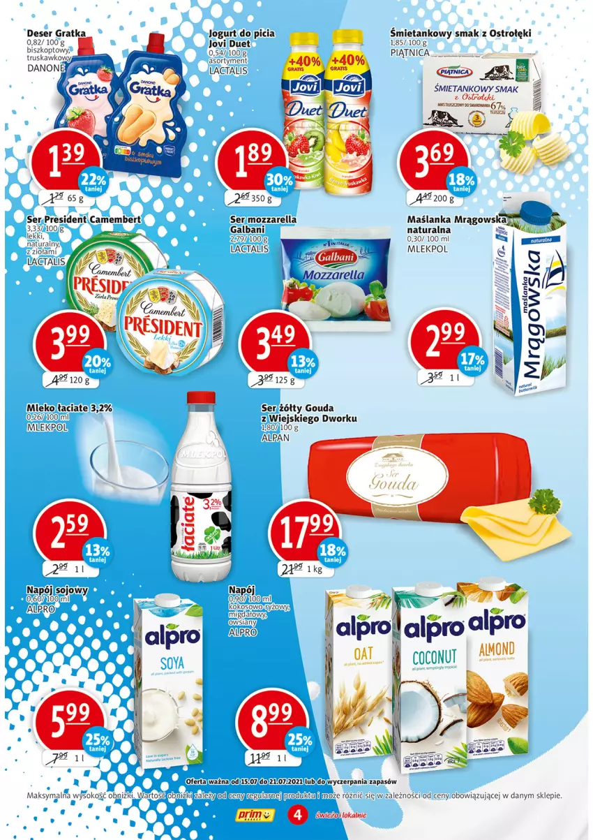 Gazetka promocyjna Prim Market - Gazetka - ważna 15.07 do 21.07.2021 - strona 4 - produkty: Alpro, Camembert, Deser, Fa, Galbani, Gouda, Gra, Jogurt, Kokos, Maślanka, Mleko, Mozzarella, Napój, Piątnica, Ryż, Ser, Sok