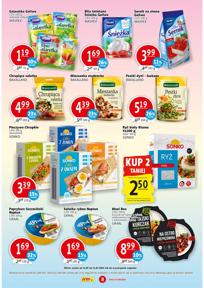 Gazetka promocyjna Prim Market - Gazetka - ważna 15.07 do 21.07.2021 - strona 8 - produkty: Bakalland, Chrupki, Gala, Galaretka, Gra, Graal, Isana, Kurczak, Mieszanka studencka, Papryka, Paprykarz, Paprykarz szczeciński, Piec, Pieczywo, Pieczywo chrupkie, Risana, Ryż, Ryż biały, Sałat, Sałatka, Ser, Sok, Sonko, Warzywa, Wieprzowina