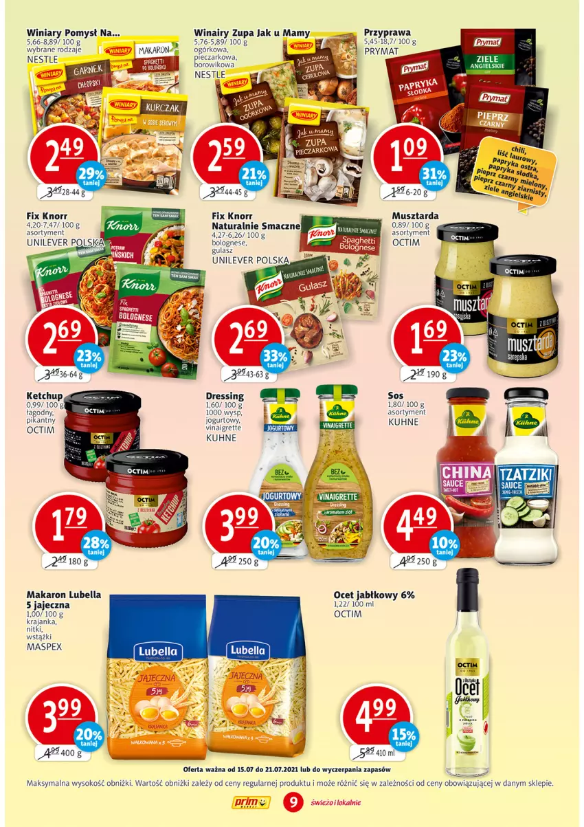 Gazetka promocyjna Prim Market - Gazetka - ważna 15.07 do 21.07.2021 - strona 9 - produkty: Bell, Bella, Dres, Jogurt, Knorr, Lubella, Makaron, Mus, Musztarda, Ocet, Pieprz, Prymat, Sok, Sos, Wiko, Winiary, Zupa