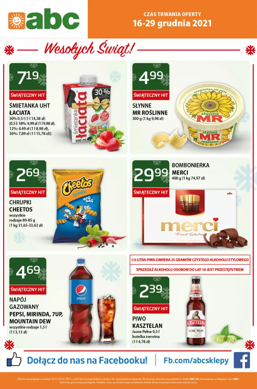 Gazetka promocyjna ABC - Gazetka - ważna 16.12 do 29.12.2021 - strona 1 - produkty: 7up, Cheetos, Chrupki, Fa, Kasztelan, Merci, Mirinda, Napój, O nas, Pepsi, Piwo, Słynne