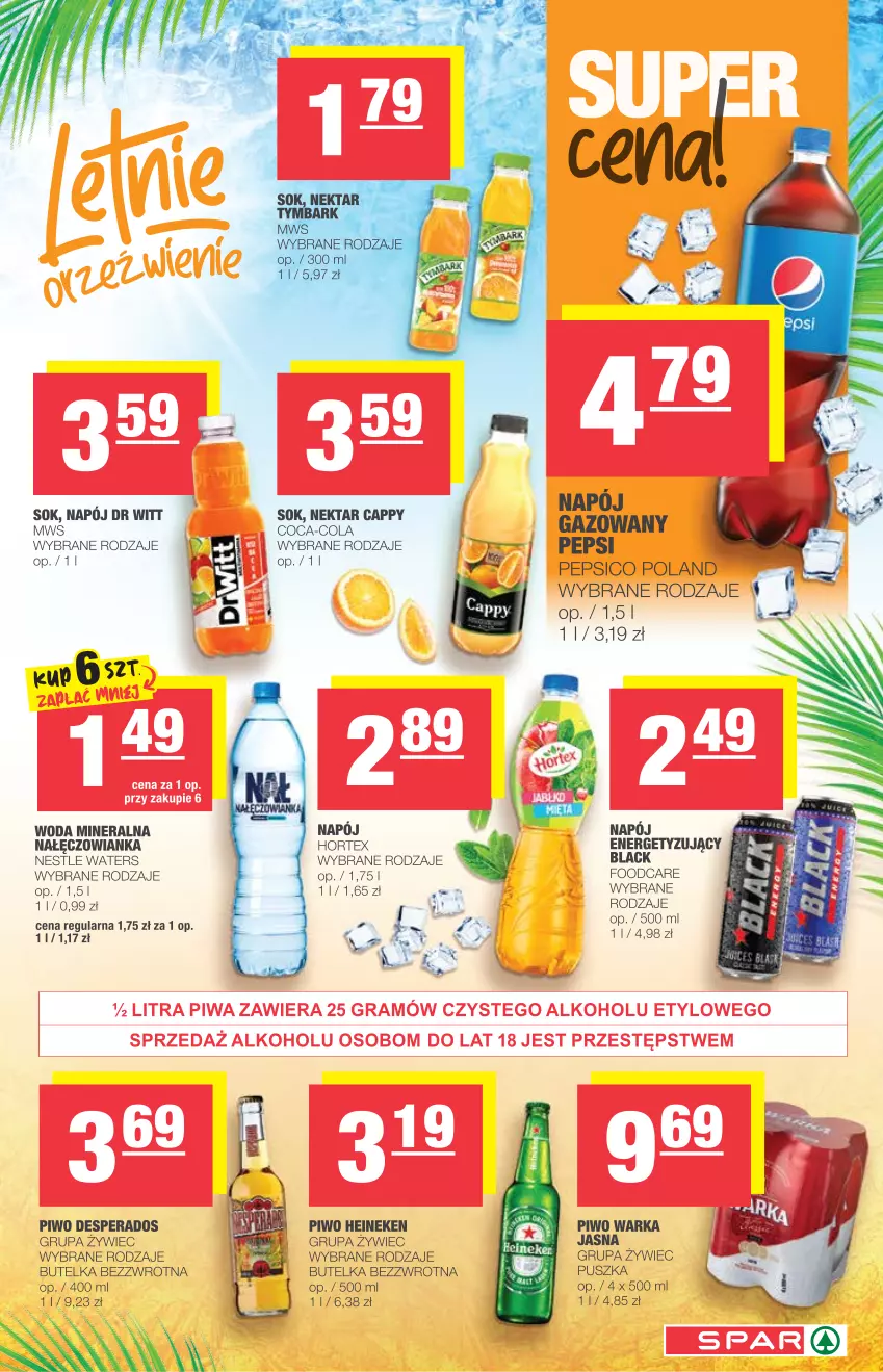 Gazetka promocyjna Spar - Spar - ważna 23.06 do 29.06.2021 - strona 7 - produkty: Cappy, Coca-Cola, Desperados, Heineken, Hortex, Lack, Nałęczowianka, Napój, Nektar, Pepsi, Piwo, Sok, Warka, Woda, Woda mineralna