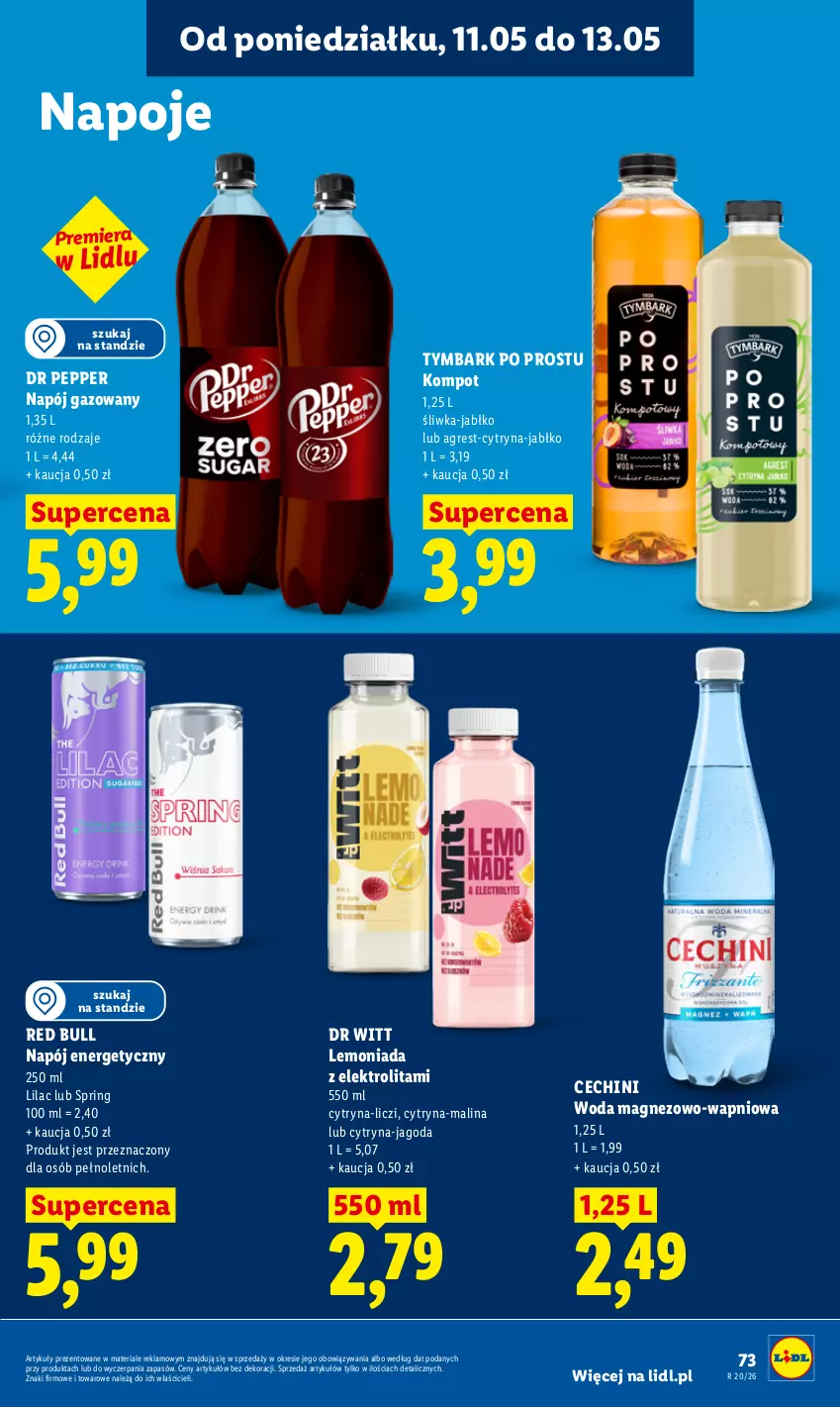 Gazetka promocyjna Lidl - Gazetka ważna od 11.05 do 13.05 - ważna 11.05 do 13.05.2026 - strona 73 - produkty: Gres, Lemoniada, Liczi, Magnez, Napój, Napój energetyczny, Napój gazowany, Napoje, Red Bull, Tymbark, Woda