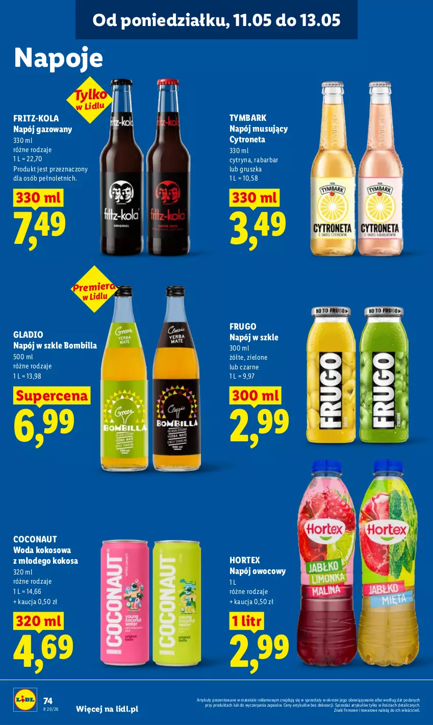 Gazetka promocyjna Lidl - Gazetka ważna od 11.05 do 13.05 - ważna 11.05 do 13.05.2026 - strona 74 - produkty: Hortex, Kokos, Mus, Napój, Napój gazowany, Napój musujący, Napoje, Tymbark, Woda