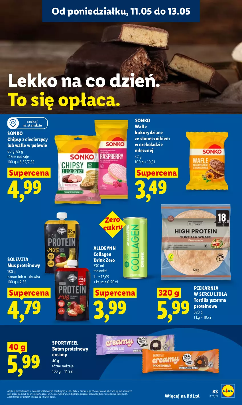 Gazetka promocyjna Lidl - Gazetka ważna od 11.05 do 13.05 - ważna 11.05 do 13.05.2026 - strona 85 - produkty: Baton, Chipsy, Melon, Mus, Por, Ser, Sonko, Sport, Tortilla, Wafle