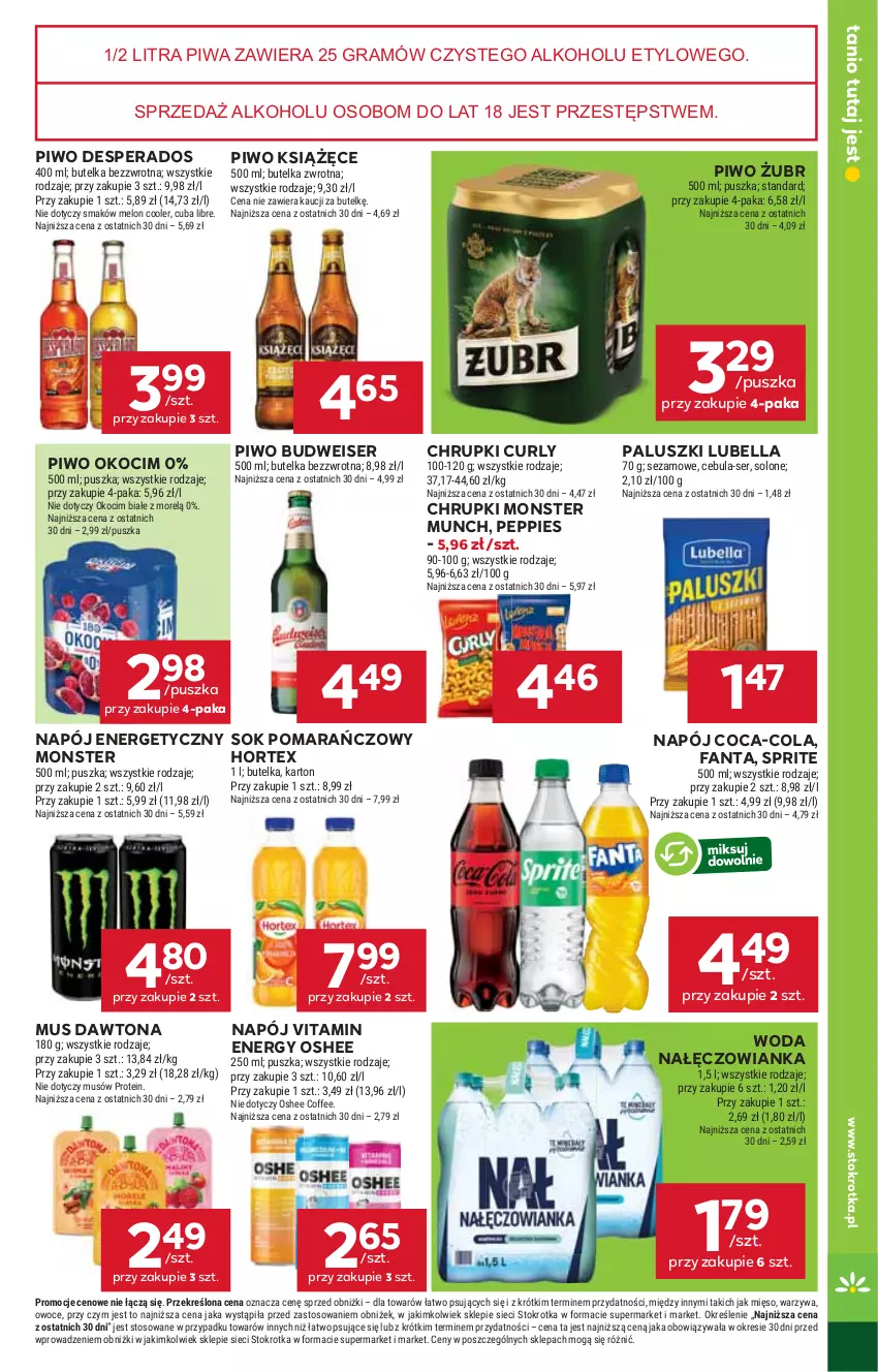 Gazetka promocyjna Stokrotka - Market - ważna 24.07 do 30.07.2025 - strona 19 - produkty: Bell, Bella, Cebula, Chrupki, Coca-Cola, Dawtona, Desperados, Fa, Fanta, Gra, Hortex, Koc, Książęce, Lubella, Melon, Mięso, Monster Munch, Mus, Nałęczowianka, Napój, Napój energetyczny, Okocim, Oshee, Owoce, Piwa, Piwo, Ser, Sezam, Sok, Sok pomarańczowy, Sprite, Warzywa, Woda