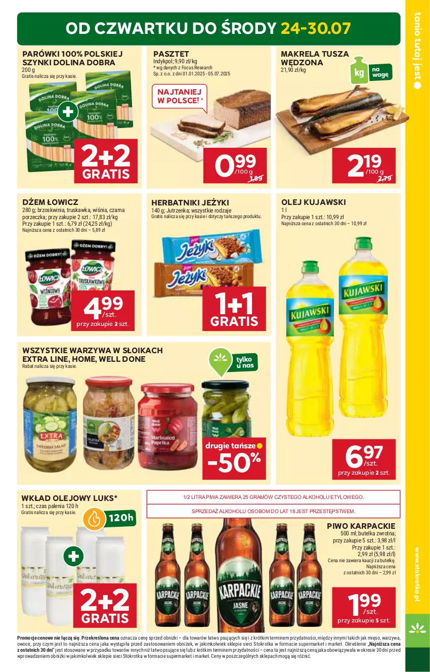 Gazetka promocyjna Stokrotka - Market - ważna 24.07 do 30.07.2025 - strona 3 - produkty: Dżem, Gra, Herbatniki, Jeżyki, Jutrzenka, Karp, Kujawski, Mięso, Olej, Owoce, Parówki, Pasztet, Piwa, Piwo, Por, Tusz, Warzywa, Wkład olejowy