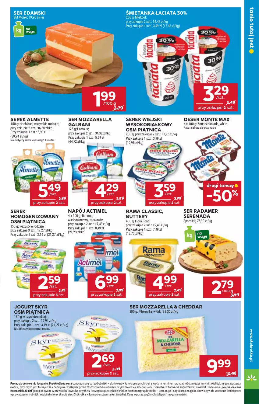 Gazetka promocyjna Stokrotka - Market - ważna 24.07 do 30.07.2025 - strona 9 - produkty: Actimel, Almette, Cheddar, Czekolada, Danone, Deser, Edam, Flora, Galbani, Hochland, Jogurt, Mięso, Mleko, Mlekovita, Monte, Mozzarella, Napój, Owoce, Piątnica, Radamer, Rama, Ser, Serek, Serek homogenizowany, Serek wiejski, Sok, Warzywa, Zott
