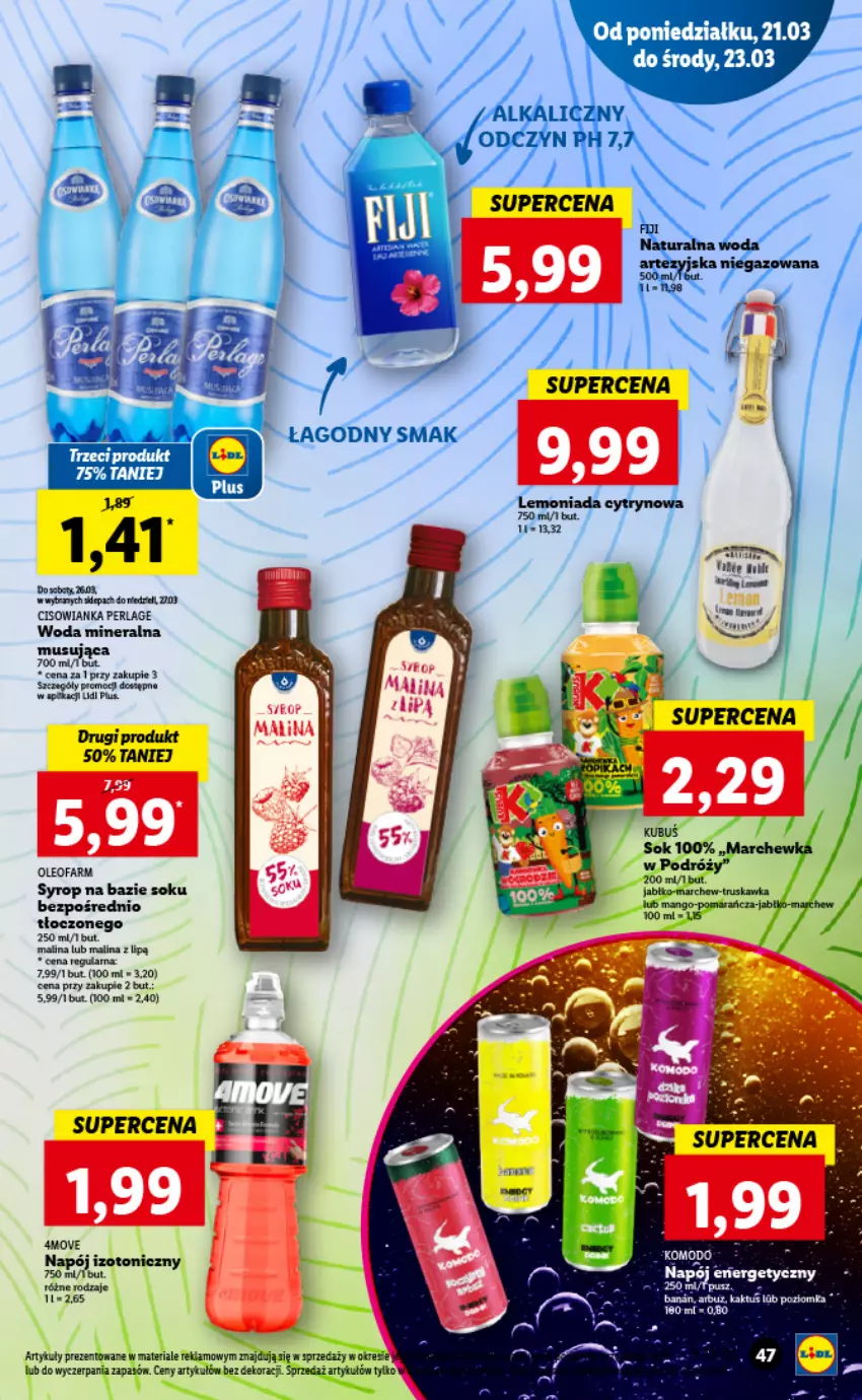 Gazetka promocyjna Lidl - GAZETKA - ważna 21.03 do 23.03.2022 - strona 47 - produkty: Cisowianka, Fa, Mus, Napój, Sok, Syrop, Woda, Woda mineralna