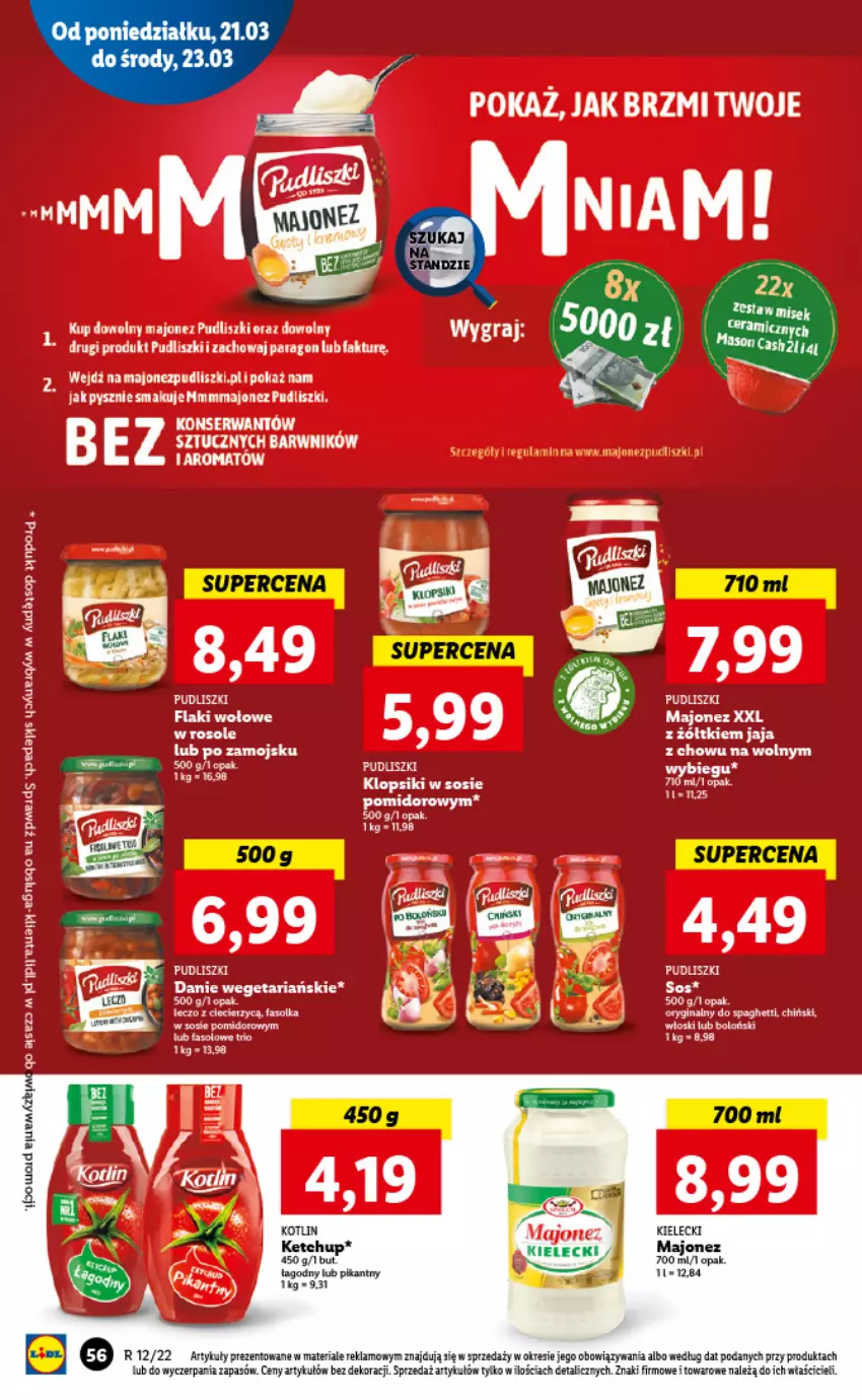 Gazetka promocyjna Lidl - GAZETKA - ważna 21.03 do 23.03.2022 - strona 56 - produkty: Fa, Flaki, Flaki wołowe, Jaja, Ketchup, Klopsiki, Kotlin, Majonez, Pudliszki, Ser, Sos