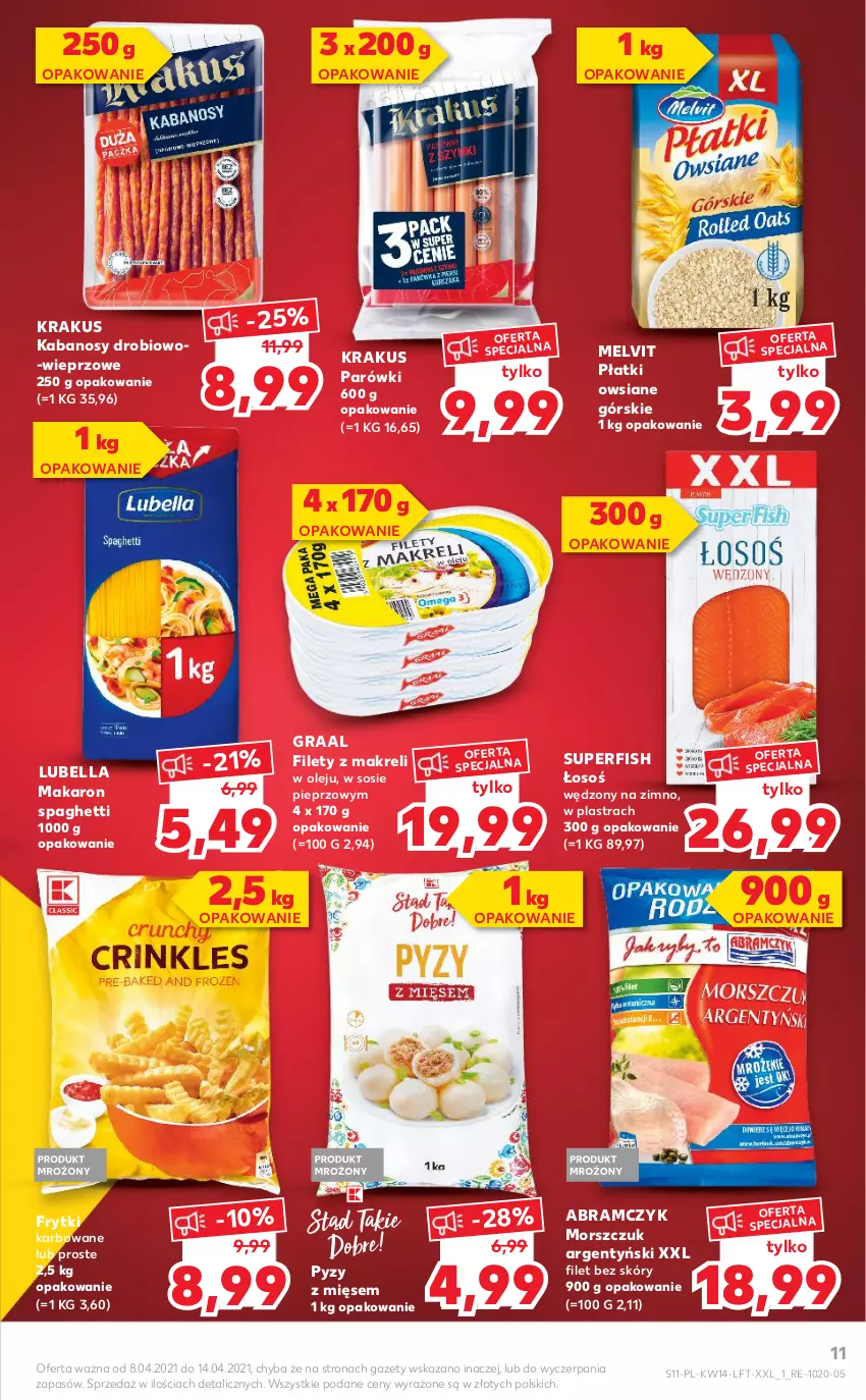 Gazetka promocyjna Kaufland - ważna 08.04 do 14.04.2021 - strona 11 - produkty: Bell, Bella, Frytki, Gra, Graal, Kabanos, Krakus, Lubella, Makaron, Melvit, Olej, Parówki, Pieprz, Płatki owsiane, Sos, Spaghetti