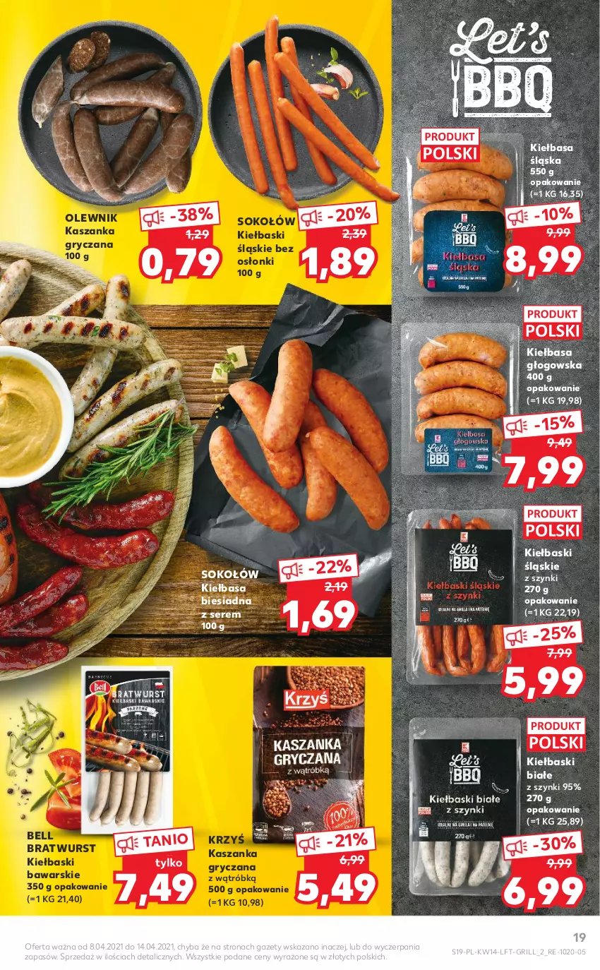 Gazetka promocyjna Kaufland - ważna 08.04 do 14.04.2021 - strona 19 - produkty: Bell, Grill, Gry, Kasza, Kaszanka, Kiełbasa, Kiełbasa biesiadna, Kiełbasa głogowska, Kiełbasa śląska, Kiełbaski białe, Kiełbaski śląskie, Olewnik, Ser, Sok, Sokołów