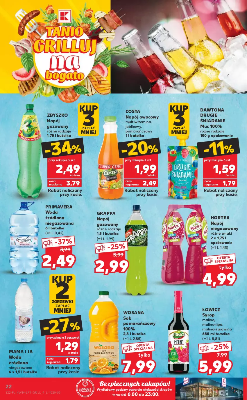 Gazetka promocyjna Kaufland - ważna 08.04 do 14.04.2021 - strona 22 - produkty: Dawtona, Gra, Grappa, Grill, Hortex, LANA, Mus, Napój, Napój gazowany, Napój niegazowany, Piec, Prima, Primavera, Sok, Sok pomarańczowy, Syrop, Tera, Woda, Wosana